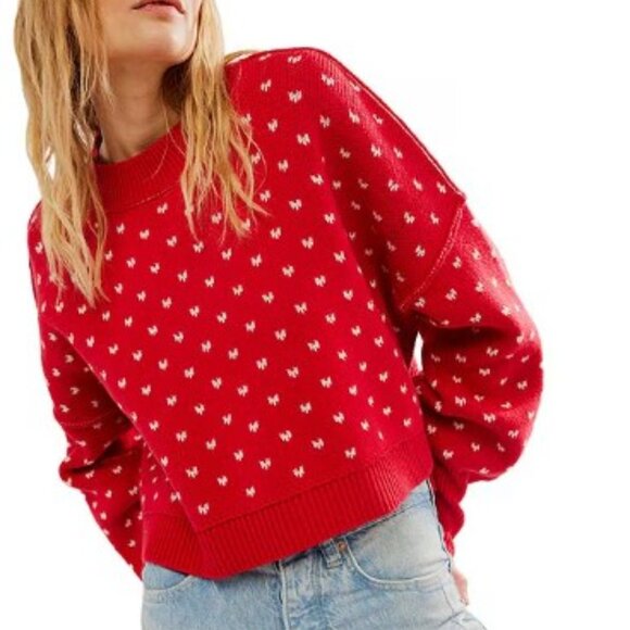 Free People Easy Street Red Patterned Crew Neck Cropped Sweater SZ M - NWT - Picture 1 of 11